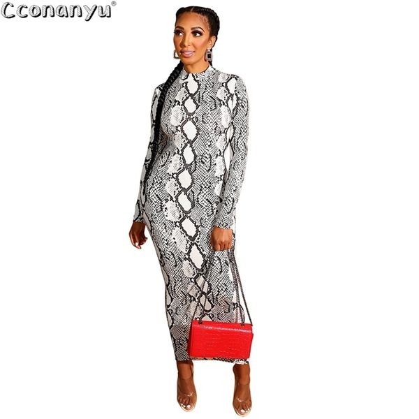 

women snakeskin dress print womens snake skin sheath long sleeve zipper deep v midi bodycon elegant party dress lj201209, White;black