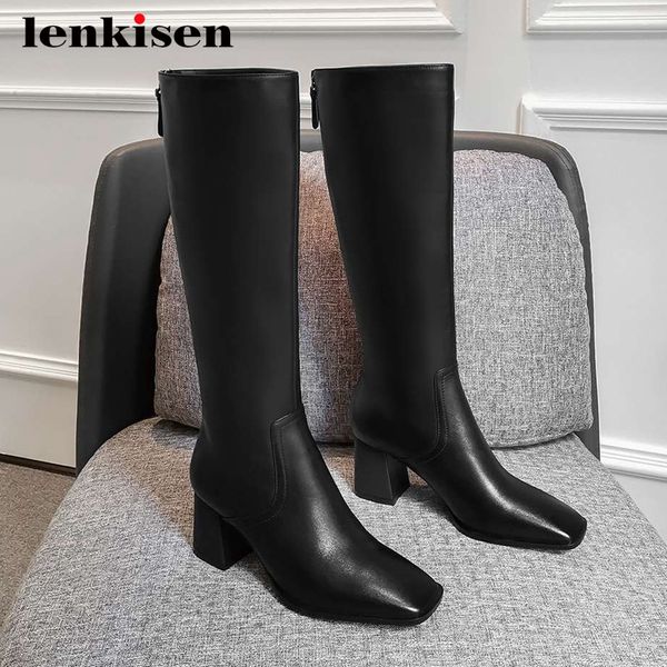 

lenkisen equestrian boots natural leather brand nightclub square toe thick high heel zipper modern dress knee-high boots l12, Black