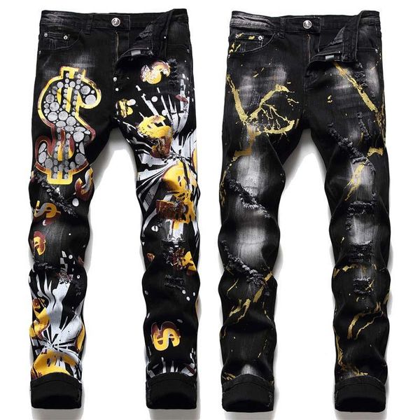 

men's jeans fashion men skinny ripped slim fit pant floral stretch, Blue
