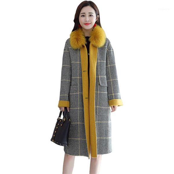 

winter new jacket coat quality women korean loose tartan woolen coats fur one long warm lamb hair coats women's clothing ff11321, Black