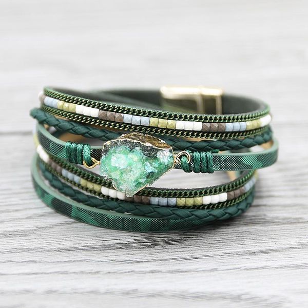 

green color leather bracelet for women 2021 vintage resin stone bracelets multi-layer braided bracelet wholesale jewelry, Golden;silver