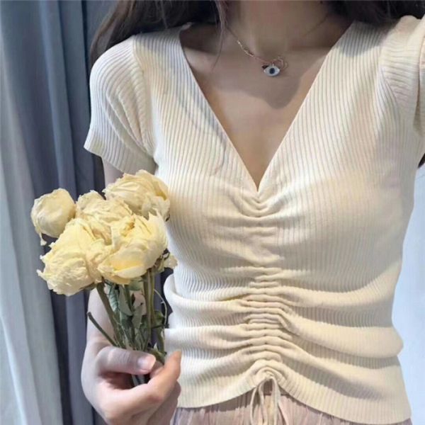 

2019 summer new v-neck ice silk women's tight coat t-shirt fit slim drawstring versatile short sleeve t-shirt oqhkc, White;black