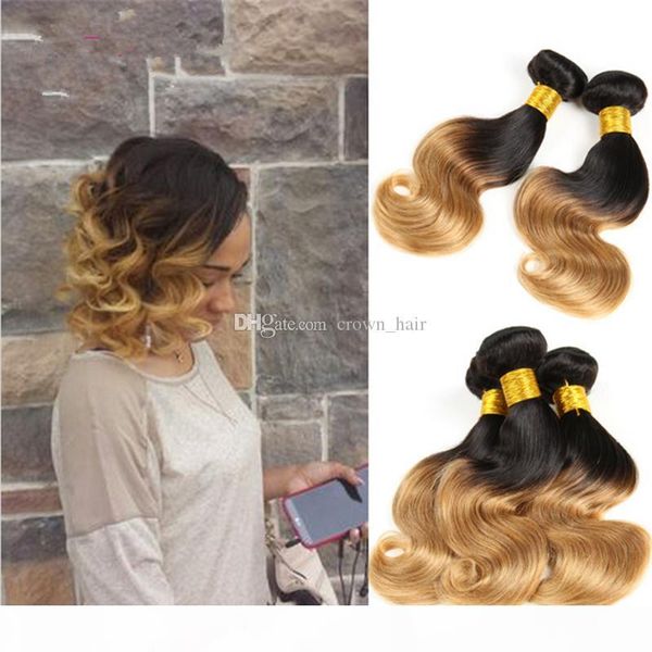 

new arrival #1b 27 two tone hair extensions brazilian honey blonde hair weaves body wave hair bundles 4pcs lot, Black