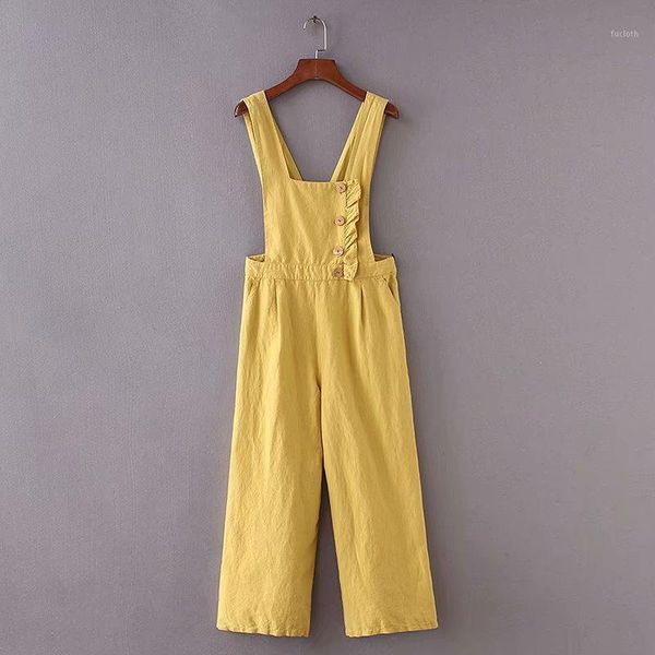 

2020 women vintage sleeveless agaric lace decoration yellow linen siamese wide leg pants jumpsuits casual overalls trousers p1321, Black;white