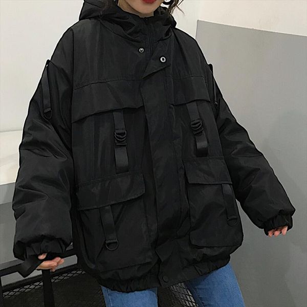 

harajuku hip hop cargo parkas winter korean thicken hooded jacket 2020 spring new black streetwear bf style loose coat outwear