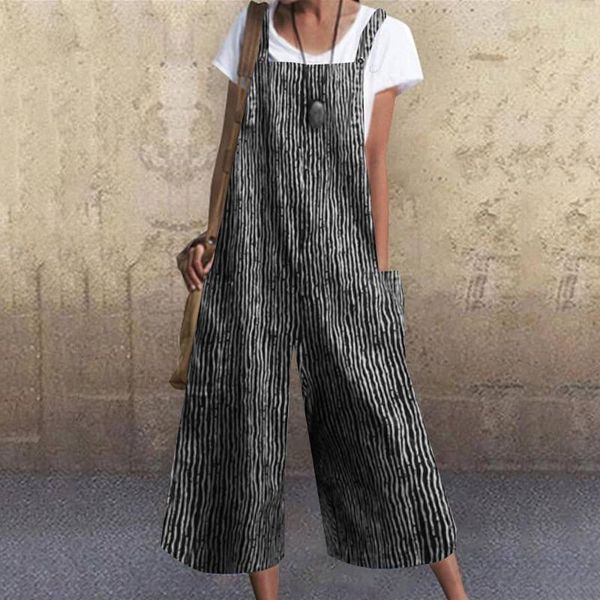 

zanzea 2020 womens jumpsuits summer casual wide leg rompers party overalls vintage striped playsuits dungarees pants 5xl, Black;white