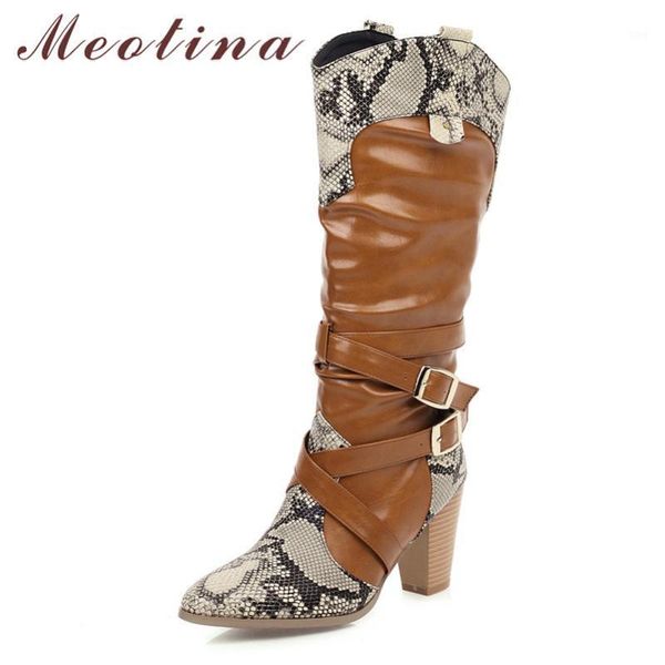 

boots meotina winter knee high women mixed colors thick heel western buckle pointed toe shoes lady autumn big size 461, Black