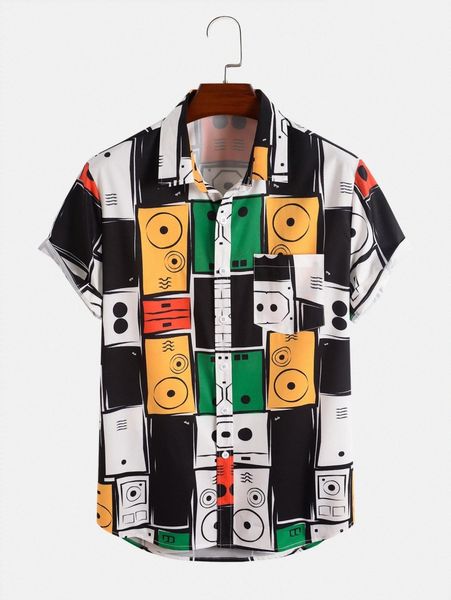 

men allover geo print curved hem shirt t4px#, White;black