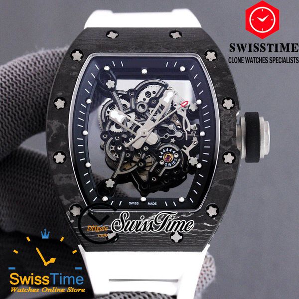 

new 43mm rm055 japan cherry miyota autoamtic mens watch skeleton design dial carbon fiber case white rubber strap sport watches swisstime, Slivery;brown