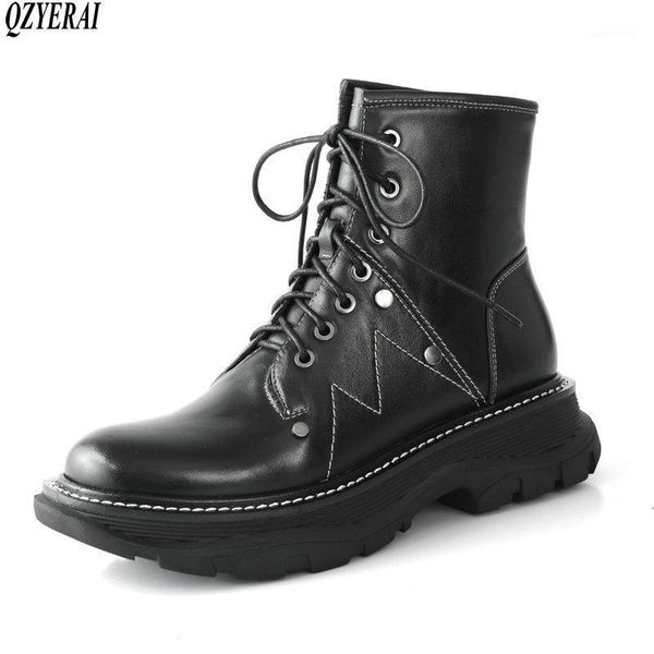 

boots qzyerai 2021 leather thick soles comfortable casual british style lace-up round head ankle size 34-401, Black