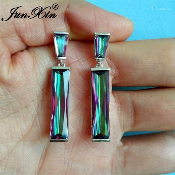 

junxin mystic fire birthstone rectangle drop earrings for women white gold rose gold filled purple blue white zircon earrings cz1, Silver