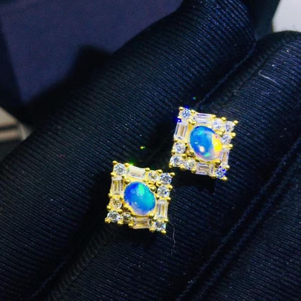 

stud 100% natural and real black opal earring 925 sterling silver fine jewelry anniversary gift, Golden;silver