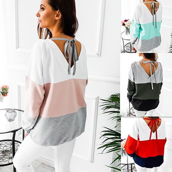 

women's hoodies & sweatshirts spring 2021 women stitching contrast back strap autumn elegant o-neck full sleeve patchwork1, Black