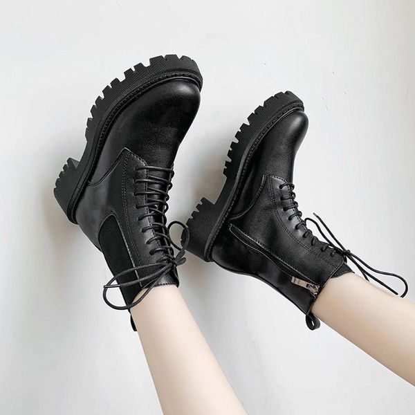 

lace up boots women shoes autumn booties ladies flat heel luxury designer round toe winter footwear boots-women med fashion, Black