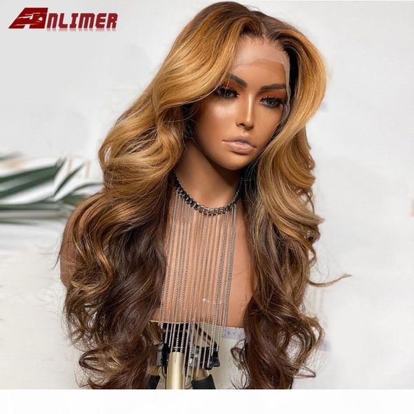 

brown blonde highlight wig t-part lace front human hair wigs body wave silk lace wigs pre plucked ombre color, Black;brown
