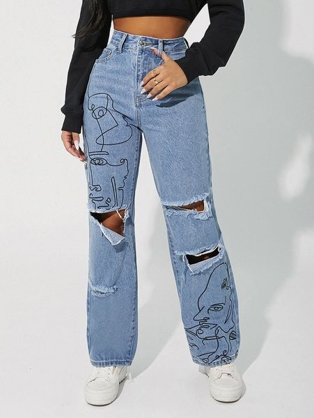 

petite high waist figure graphic ripped straight leg jeans w3hp#, Blue