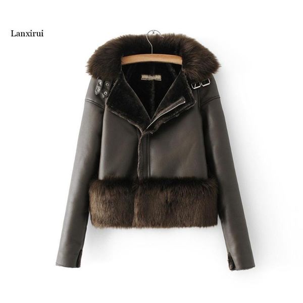 

europe and america autumn and winter new style leather coat short women's fashion locomotive fur versatile warm coat, Black