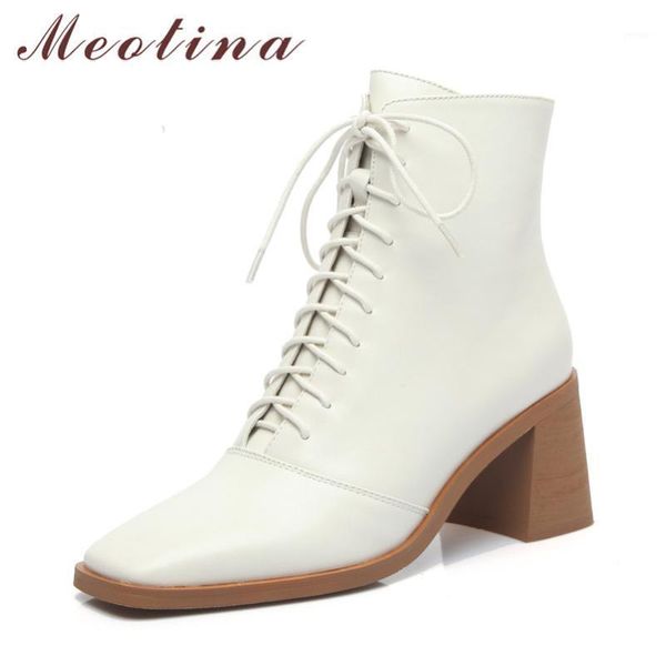 

boots meotina genuine leather high heel ankle women shoes square toe block heels lace up zip short autumn winter beige 431, Black