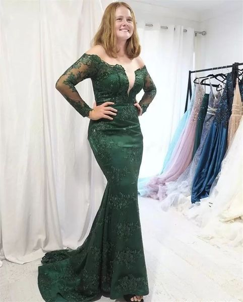 Vestidos de noite verde escuro rendas mãe da noiva vestido sereia off ombro manga longa moderna formal vestidos de baile personalizado tamanho m34