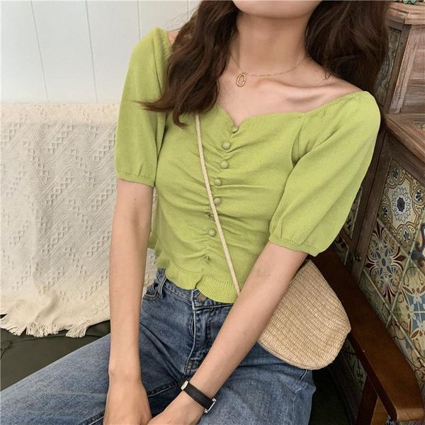 

new short sleeve t shirt womens korean version of hong kong butter green one word collar short off shoulder top, White