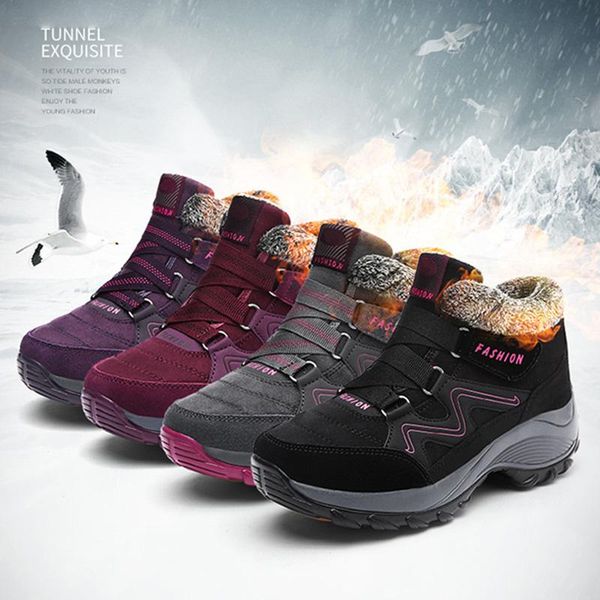 

boots women snow autumn winter water resistant thick sole fleece lined warm cotton shoes -opk, Black