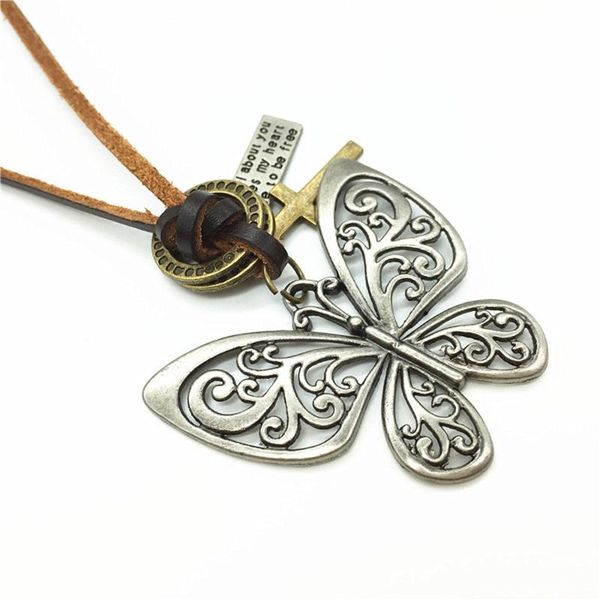 

new long vintage brown genuine leather bronze silver hoop cross butterfly pendant men necklace for women male wholesale jewelry