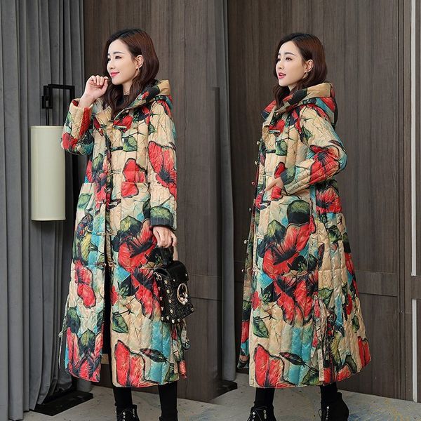 

mom's new ethnic down women's winter coat thickened chinese style cotton padded jacket knee, Black
