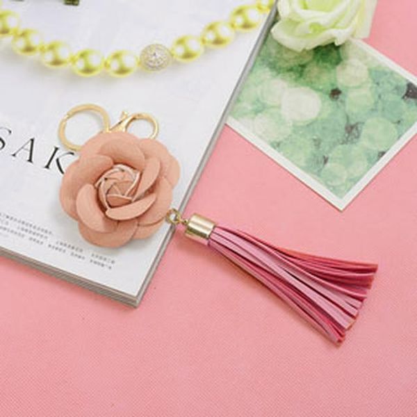 

camellia flower women leather tassel key chain golden fashion key ring women bag pendant car keychain eh814 h bbyqrb, Slivery;golden