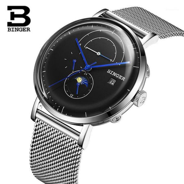 

switzerland binger watch men full steel automatic mechanical men watches moon phase waterproof reloj relogio montre1, Slivery;brown
