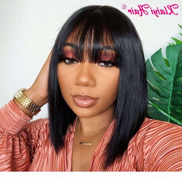 

klaiyi straight bob human wigs with bang 8-14 inch pre plucked brazilian remy hair 13*4 lace front wig 150% density, Black;brown