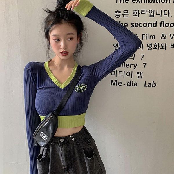 

autumn 2021 chic sweater cute crop knitted slim sweater patchwork ladies winter clothes pullover knit streetwear, White;black