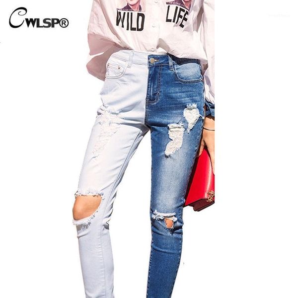 

cwlsp 4xl pachwork ripped woman high waist pencil jeans plus size panelled pants denim fashion 2021 trousers jean femme ql37141, Blue