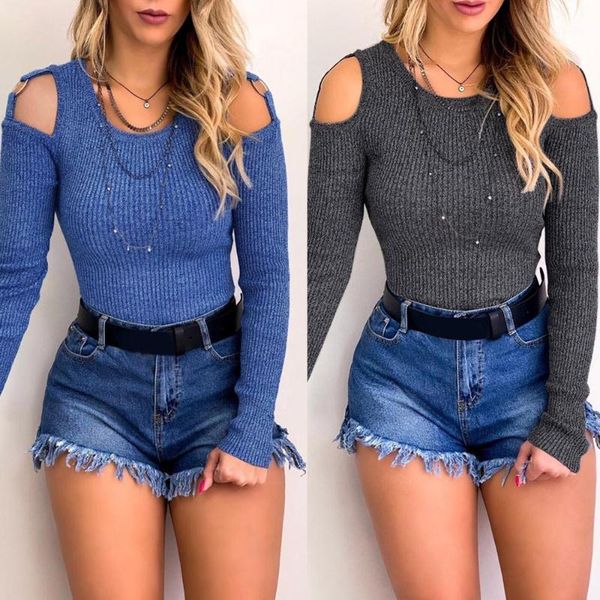 

cover-ups 2021 arrivals off shoulder hollow out long sleeve skinny blue gray women tshirt fall clothing 1