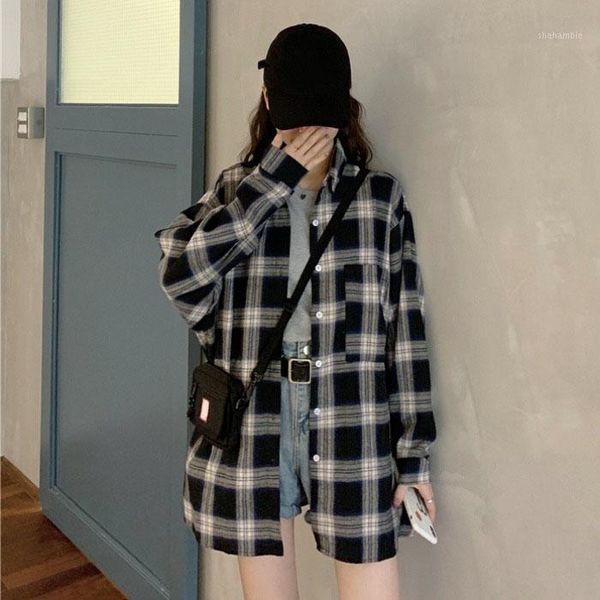 

bf plaid blouses female korean fashion brand long sleeve loose shirts vintage hong kong style blusas autumn new women's clothing1, White