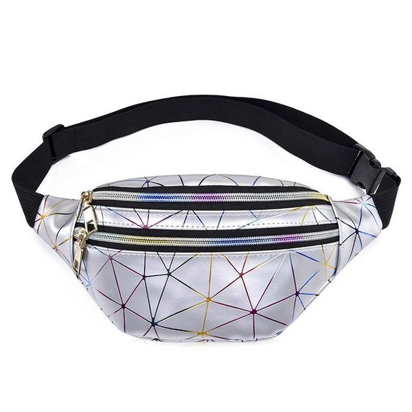 

holographic waist bags women silver fanny pack female belt bag black geometric waist packs laser chest phone pouch