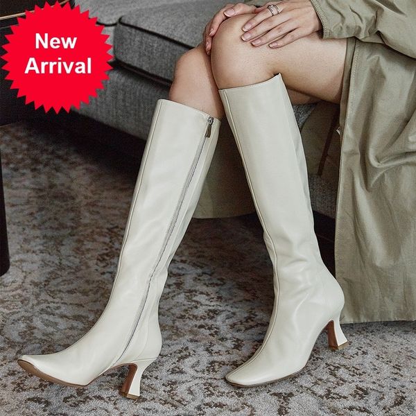 

2021 new fashion retro knee genuine leather high heels zip party long boots for woman 34-40 oiir, Black