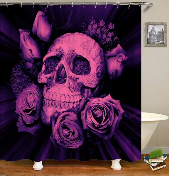 

200x180cm bathroom waterproof shower curtain purple flower skull printing polyester home decoration washable curtains