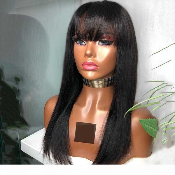 

2x6 straight wig 150% density lace front human hair wigs fringe wig with bangs brazilian remy for women lace closure plucked, Black;brown