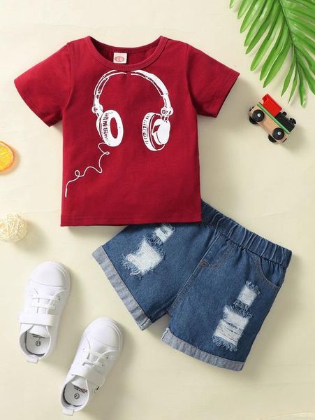 

baby headset print tee & ripped denim shorts she01, White