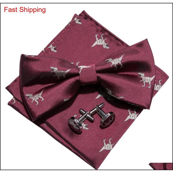 

burgundy silk bow tie with white little dinosaur pattern designer handkerchief cufflinks luxury fashion wedding busin qyliea queen66, Black;gray