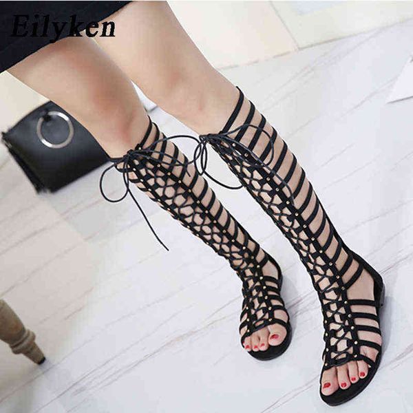 Sandalen Eilyke Hohe Qualität Leder Frauen Riemchen Offene spitze Knie Sommer Gladiator Flache Römische Bandage Casual Stiefel 220121