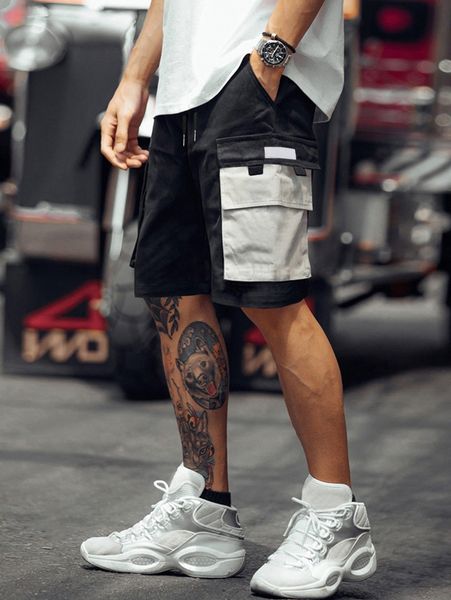

men contrast flap pocket cargo shorts 832p#, Black