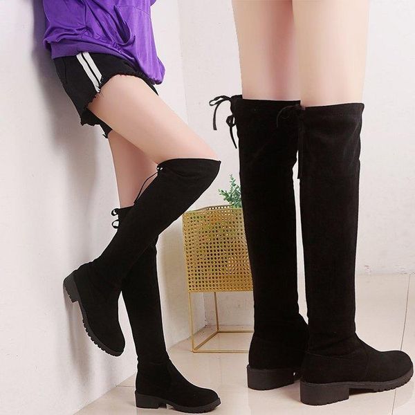 

2020 fashion women boots spring winter over the knee heels quality suede long comfort square botines mujer thigh high boots, Black