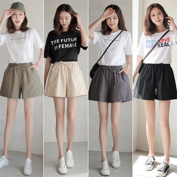 

women shorts summer casual solid cotton linen shorts high waist loose shorts for girls soft cool female short s-xl t200701, White;black
