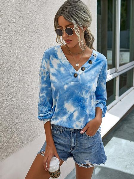 

new fashion autumn 2020 women long sleeve v-neck tie dye print t shirt oversized casual streetwear loose ladies tee shirts, White