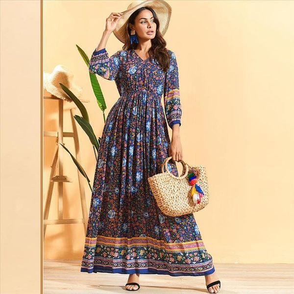 

bohemian ethnic floral long dress elegant dark blue loose v neck elastic slim waist swing a line dresses 3 4 sleeve new, Black;gray
