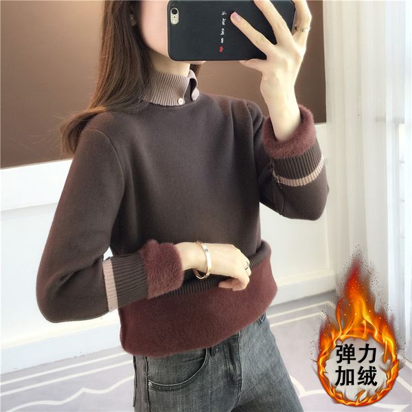 

2021 new semi-turtleneck female woman's nightgown plus velvet quilted interior lower shirt autumn and warm winter 17w6, White;black