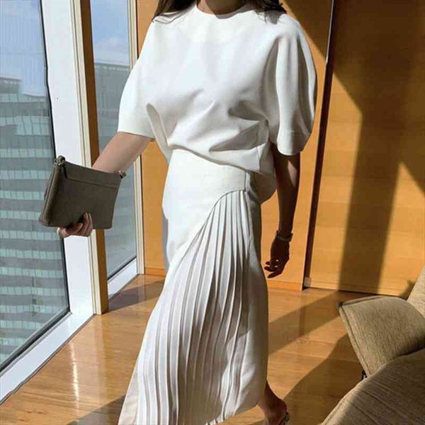 

[ewq] fashion casual all-match pure color simple and elegant white high waist side pleated skirt long skirt women 16f1066, Black