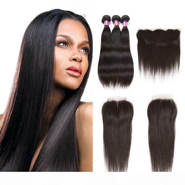 

unprocessed brazilian virgin human hair weaves straight 3 bundles with closure lace frontal 10-26 inches remy hair extension wefts, Black