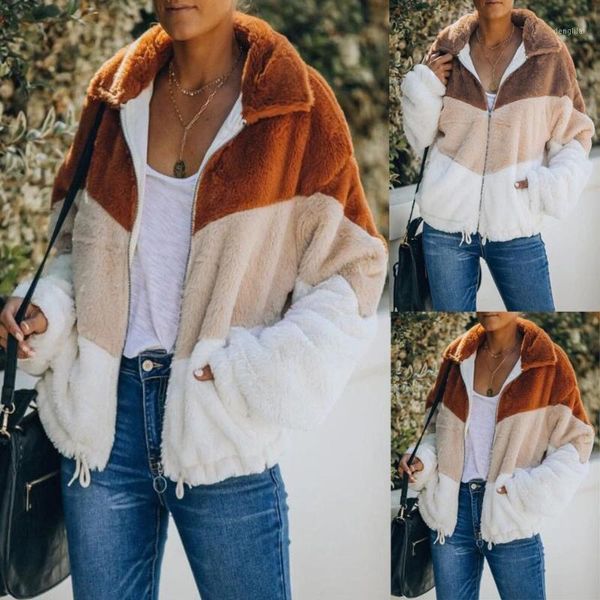 

new cazadora mujer invierno 2021 ladies loose casual long sleeve stitching contrast pocket plush jacket coat damen jacken winter1, Black;brown